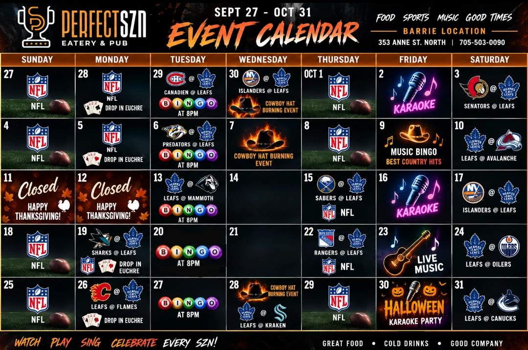 Perfect SZN Barrie events calendar for September and October 2026
